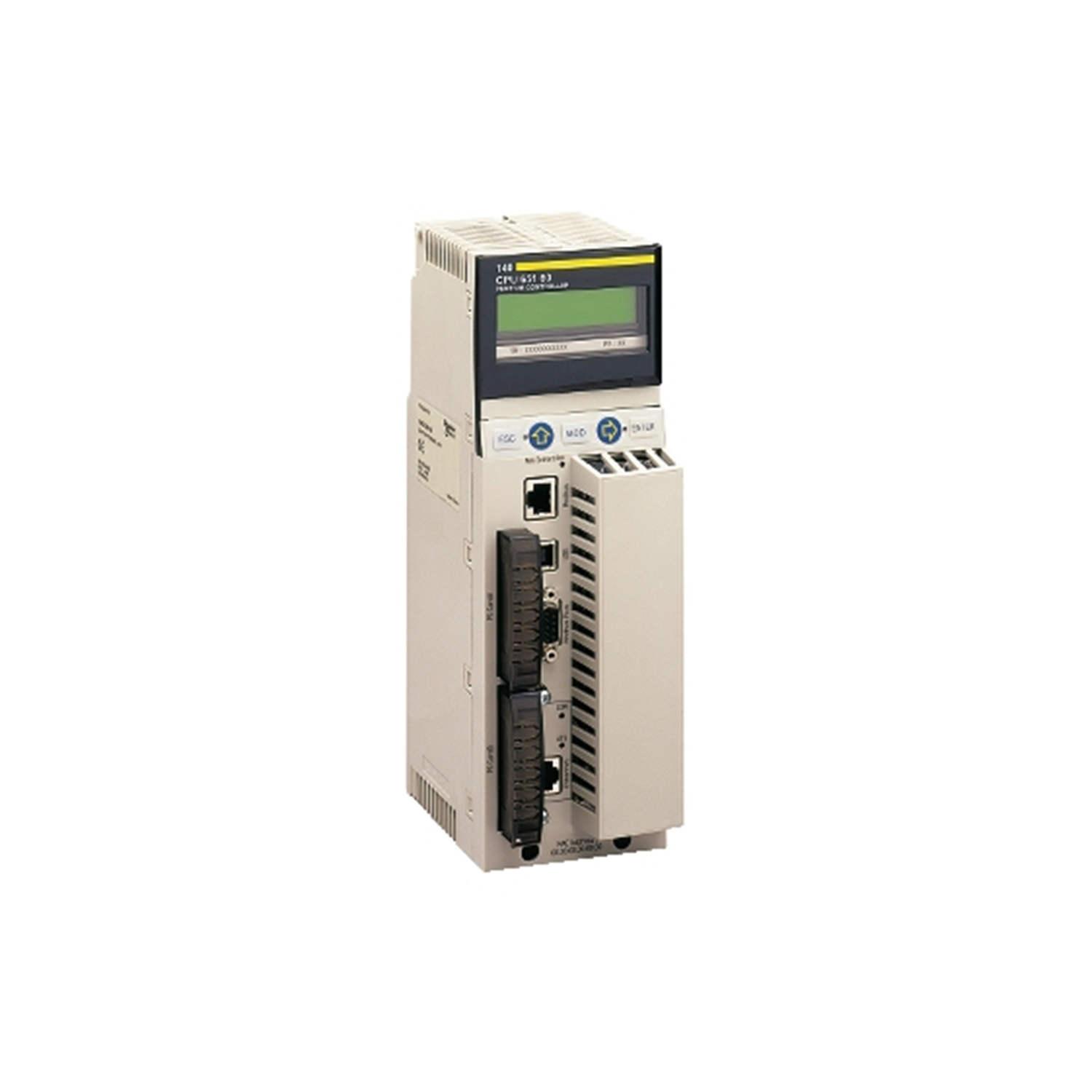 Figure 1: Front view of the Schneider 140CPU65160C industrial automation component showing its physical design and enclosure.