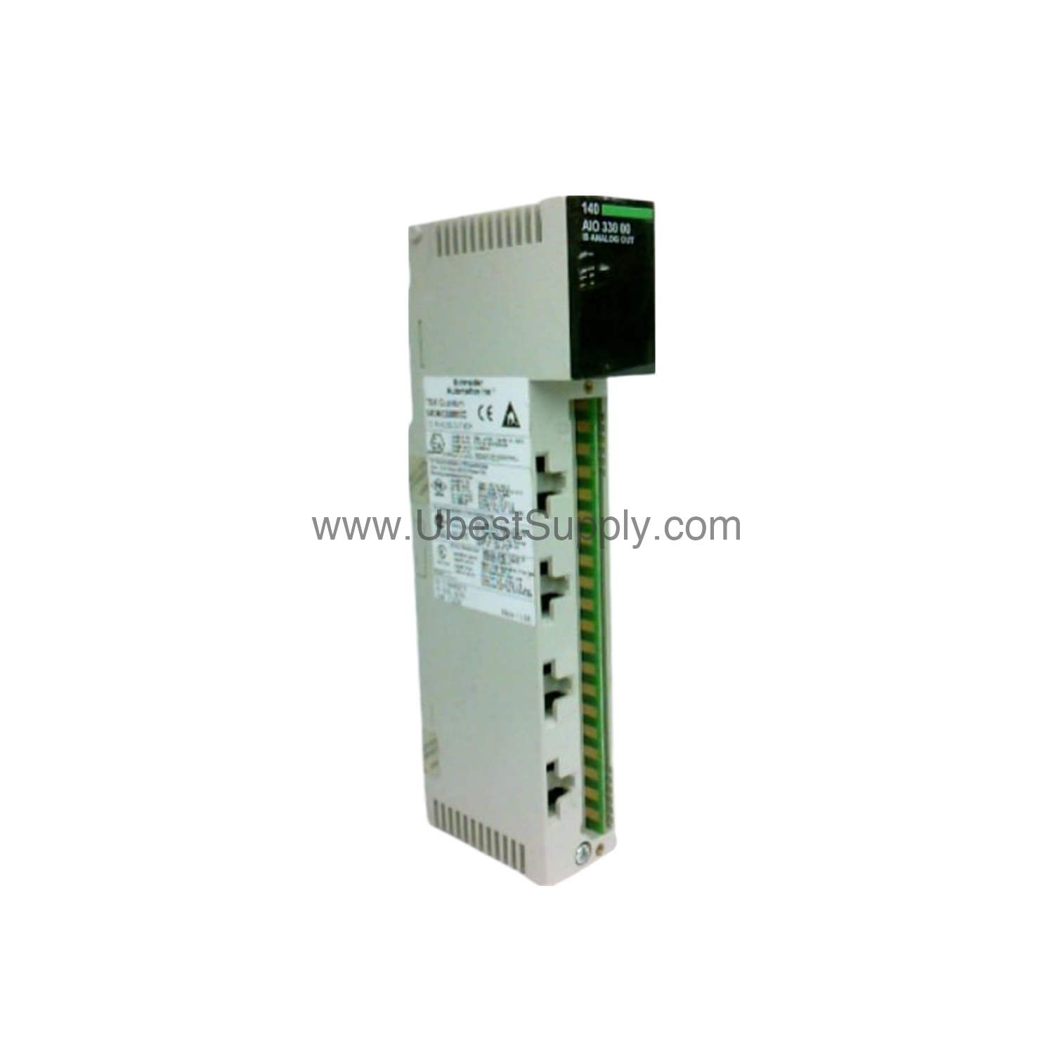 Figure 1: Front view of the Schneider 140AIO33000 industrial automation component showing its physical design and enclosure.