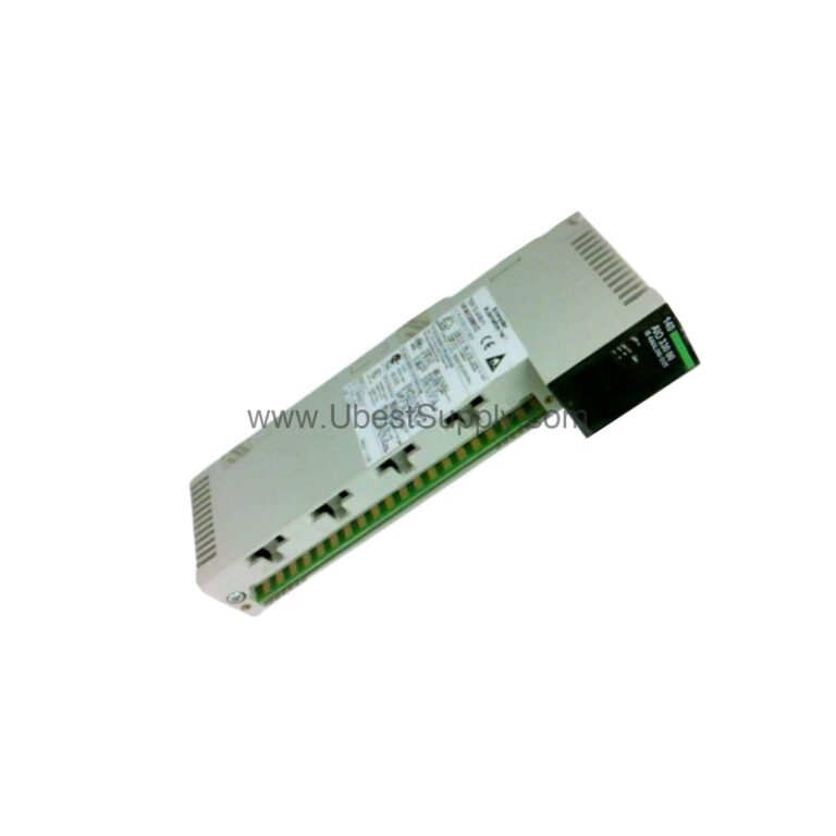 Figure 2: Technical layout and connection details for the Schneider 140AIO33000 industrial automation component.