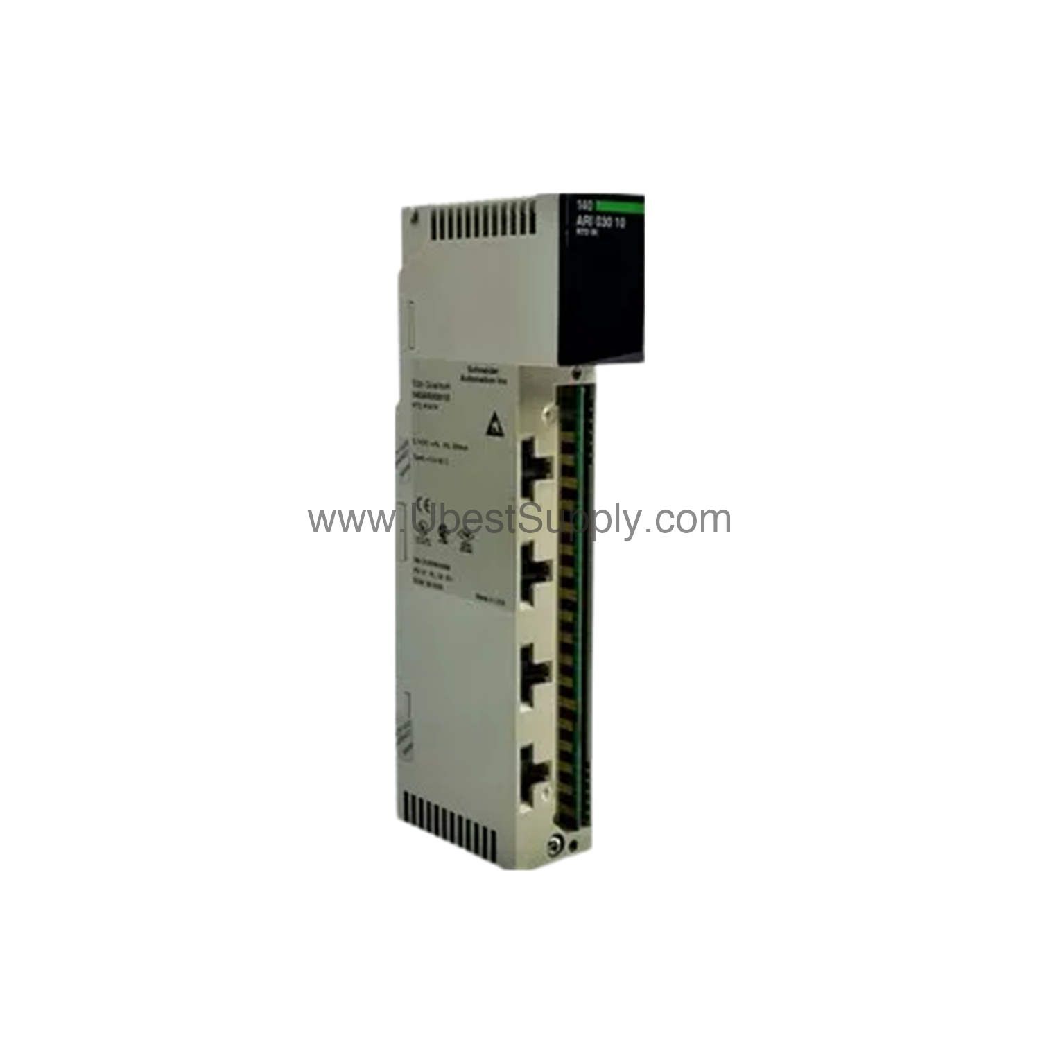 Figure 1: Front view of the Schneider 140ARI03000C industrial automation component showing its physical design and enclosure.