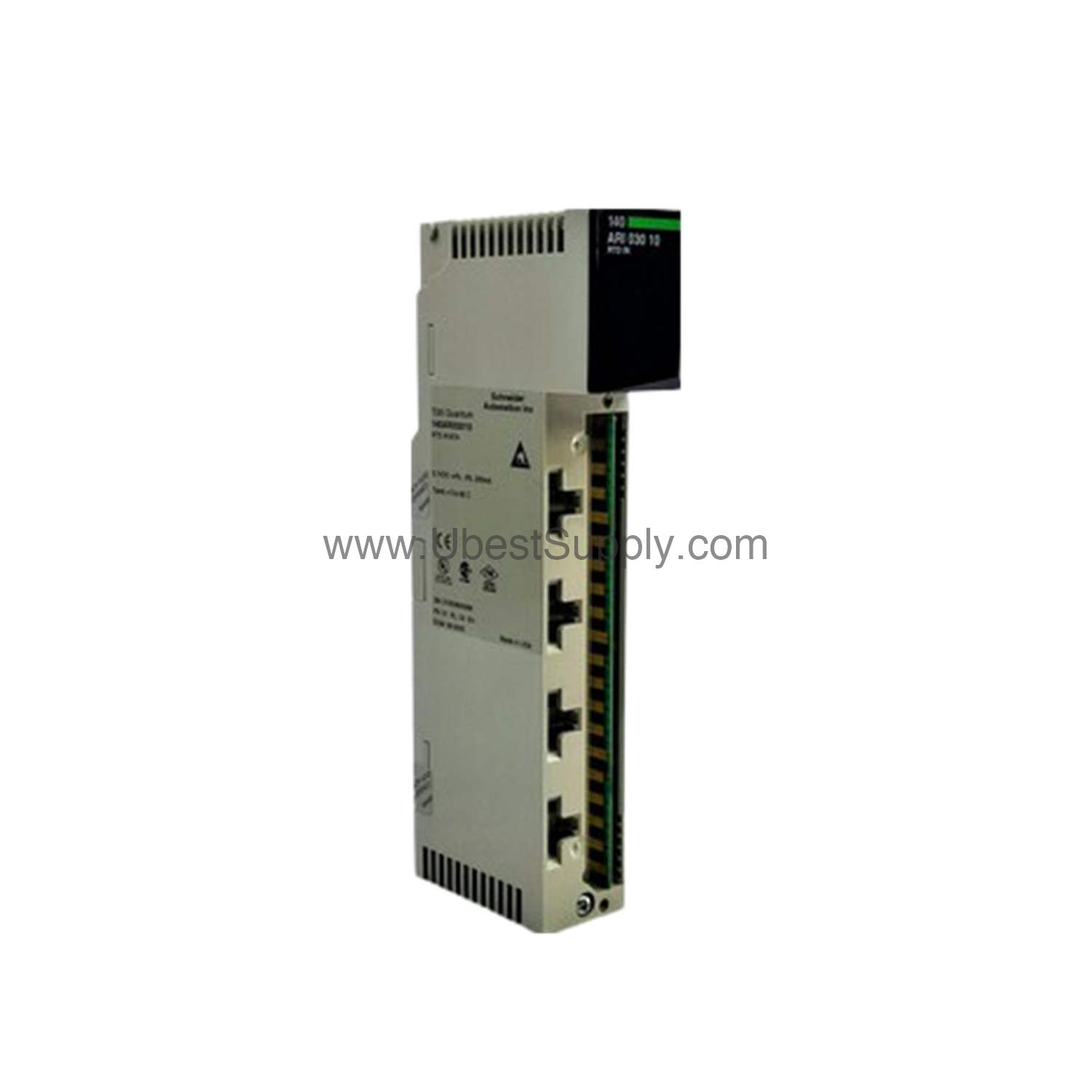 Figure 1: Front view of the Schneider 140ARI03010C industrial automation component showing its physical design and enclosure.