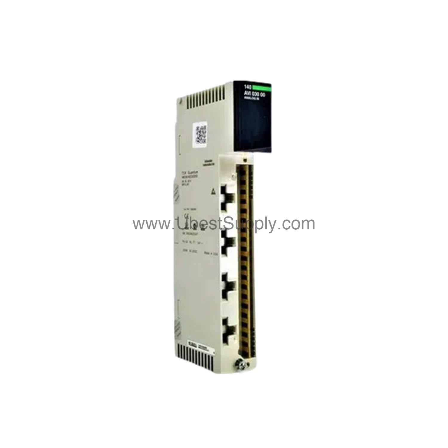 Figure 1: Front view of the Schneider 140AVI03000C industrial automation component showing its physical design and enclosure.