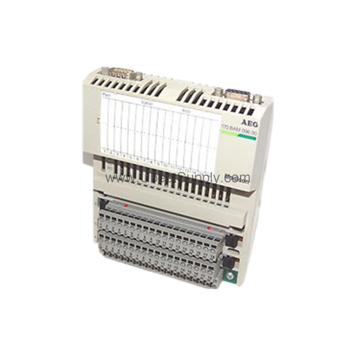 Figure 2: Technical layout and connection details for the Schneider 170BAM09600 industrial automation component.