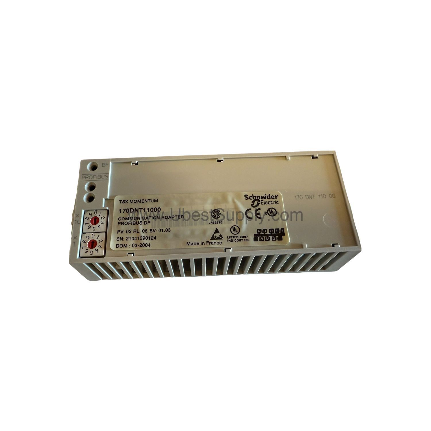 Figure 1: Front view of the Schneider 170DNT11000 industrial automation component showing its physical design and enclosure.