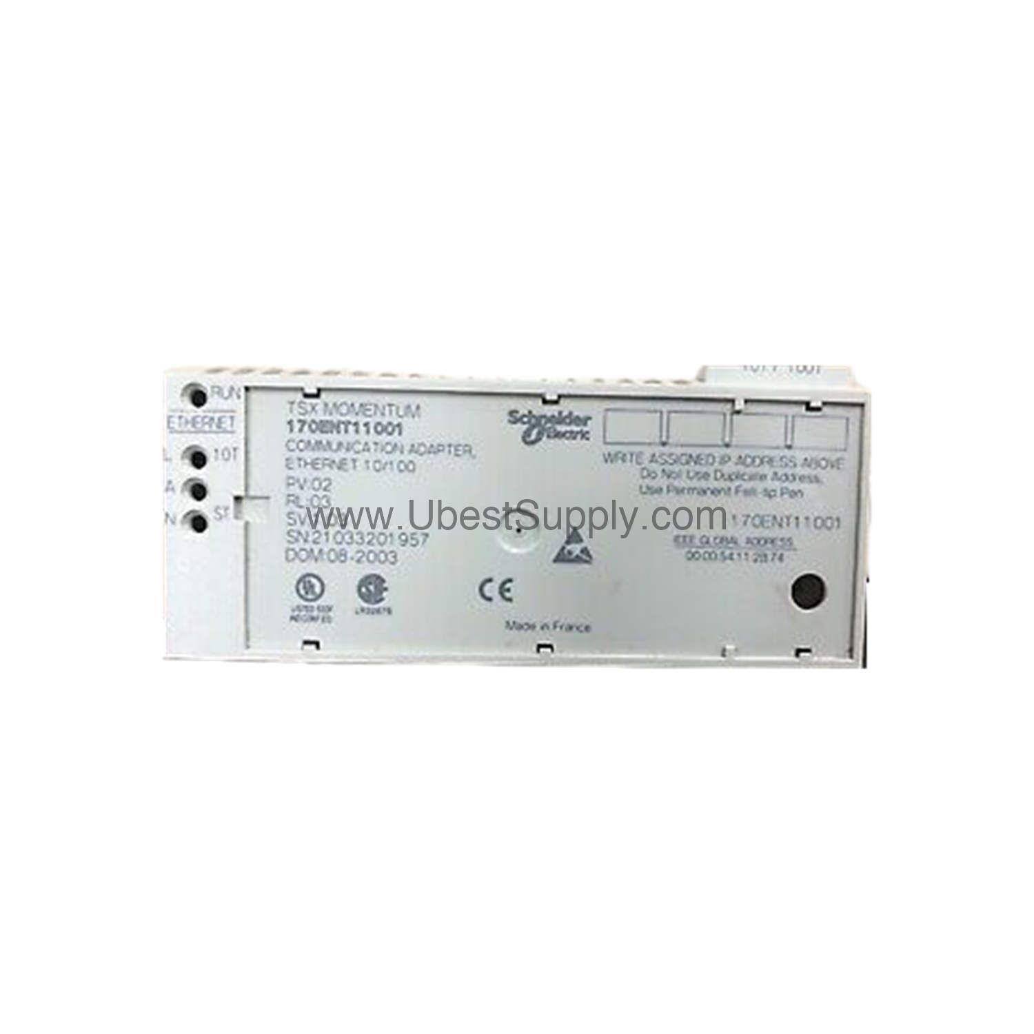 Figure 1: Front view of the Schneider 170ENT11001 industrial automation component showing its physical design and enclosure.