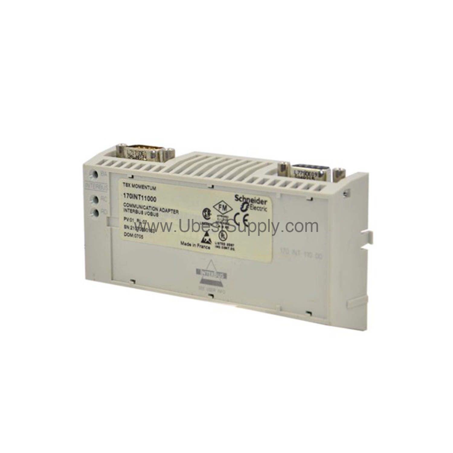 Figure 1: Front view of the Schneider 170INT11000 industrial automation component showing its physical design and enclosure.
