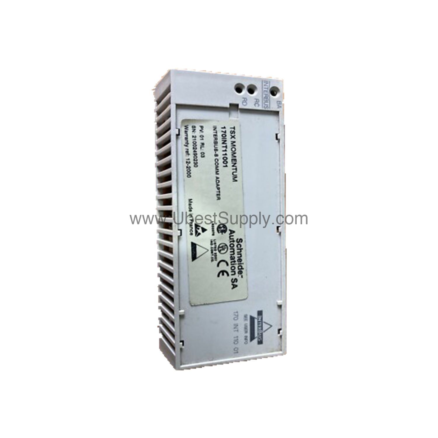 Figure 1: Front view of the Schneider 170INT11001 industrial automation component showing its physical design and enclosure.