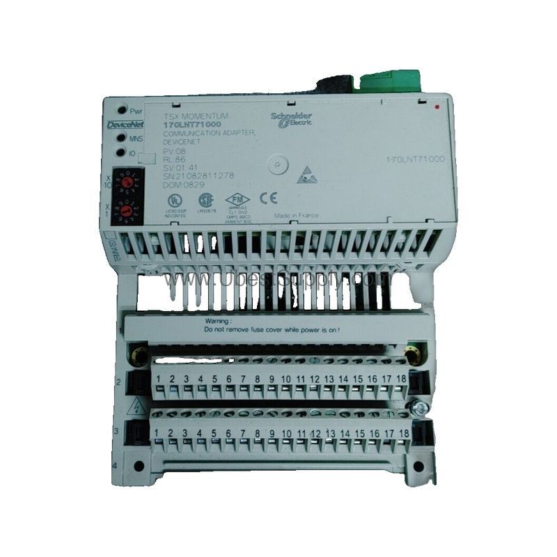 Figure 1: Front view of the Schneider 170LNT71000 industrial automation component showing its physical design and enclosure.