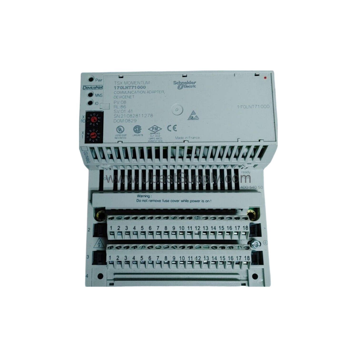 Figure 2: Technical layout and connection details for the Schneider 170LNT71000 industrial automation component.