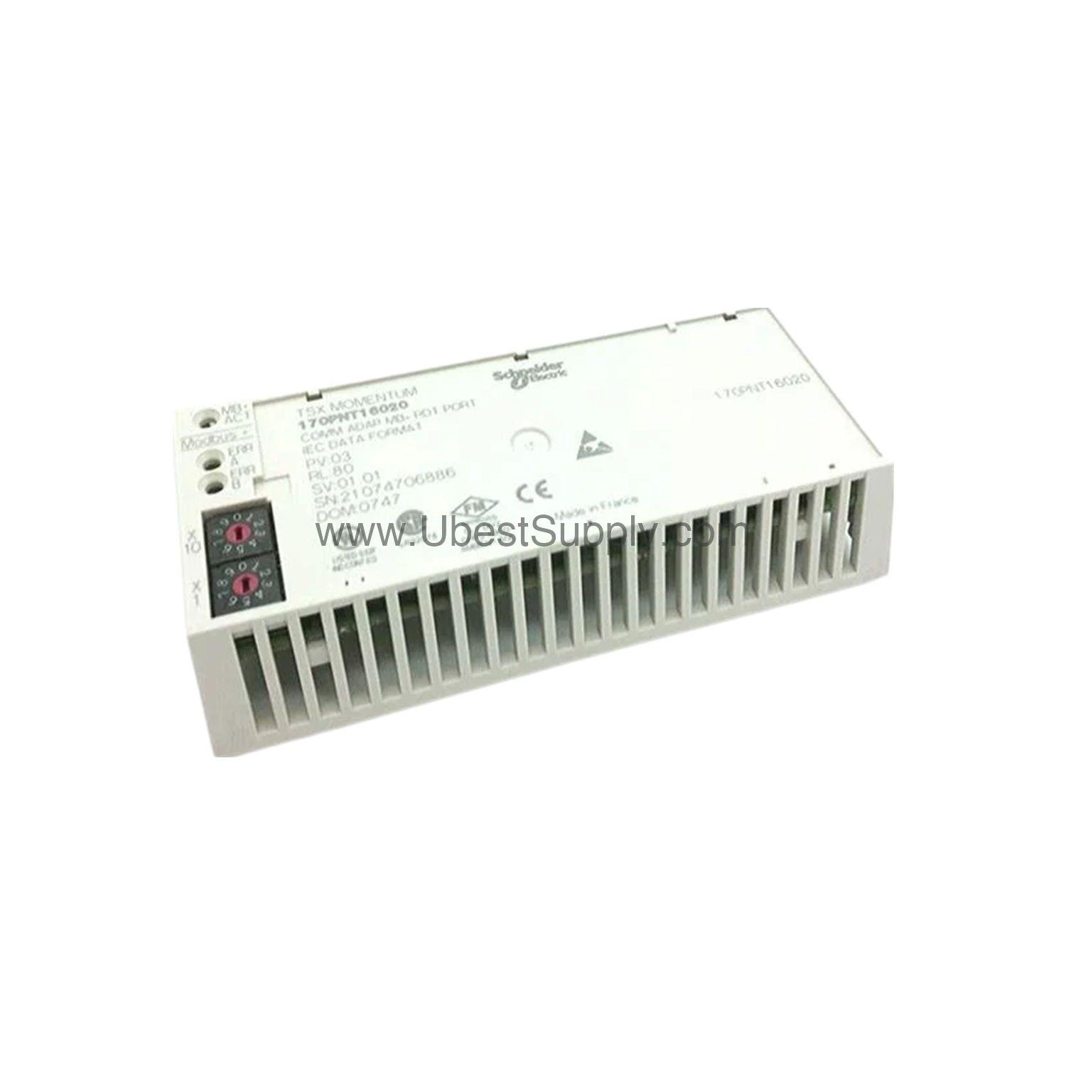 Figure 1: Front view of the Schneider 170PNT16020 industrial automation component showing its physical design and enclosure.