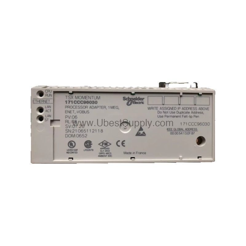 Figure 1: Front view of the Schneider 171CCC96030 industrial automation component showing its physical design and enclosure.