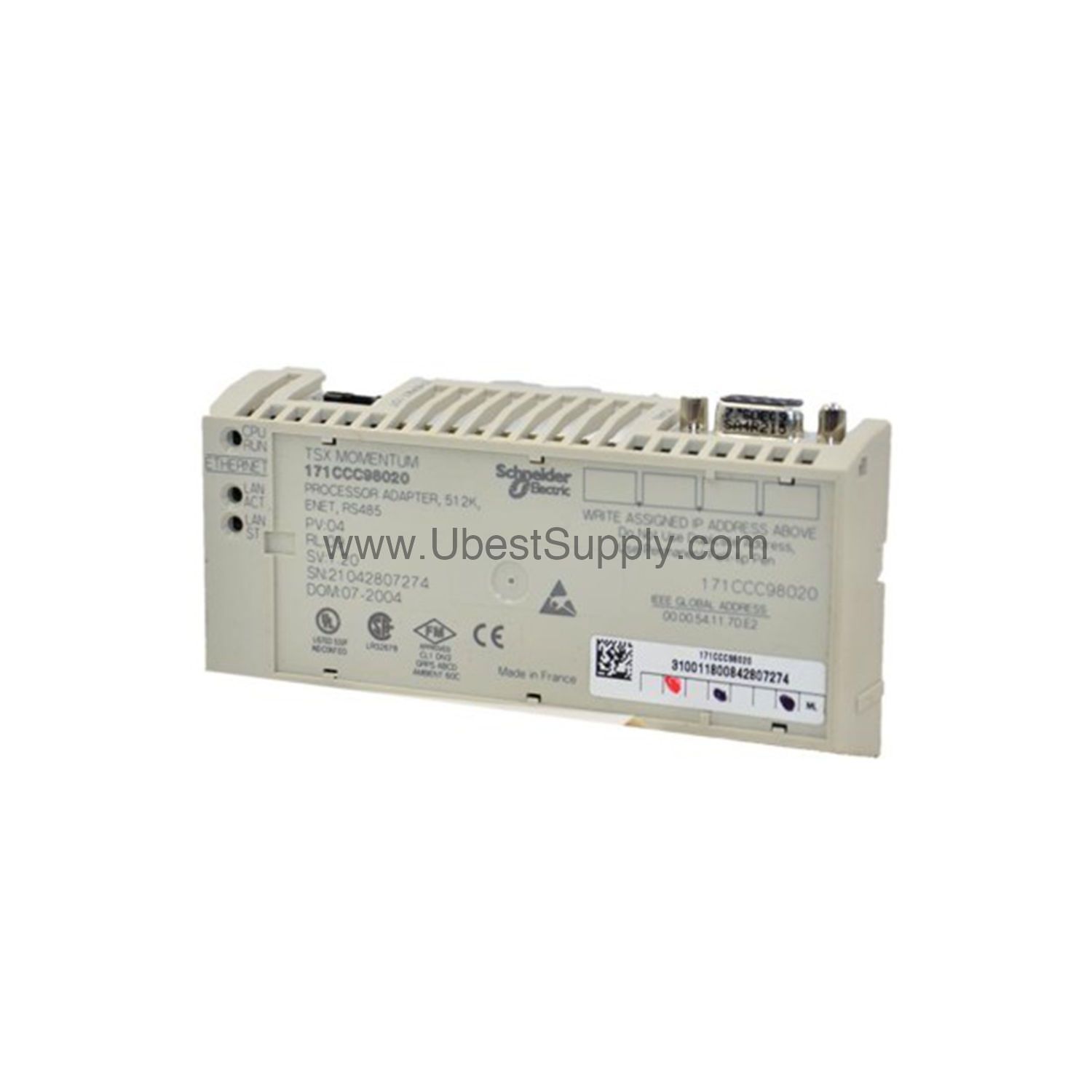 Figure 1: Front view of the Schneider 171CCC98020 industrial automation component showing its physical design and enclosure.
